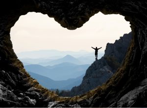 A person standing in a love-heart shaped cave to depict Empathic Attunement in Emotion-Focused Therapy