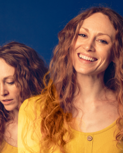 A woman smiling, the same woman behind neutral