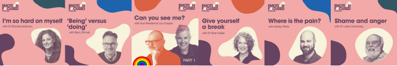 Various tiles featuring episodes of the Emotion Focused Podcast